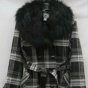 NWT Worthington Wool Plaid Black Grey White Coat